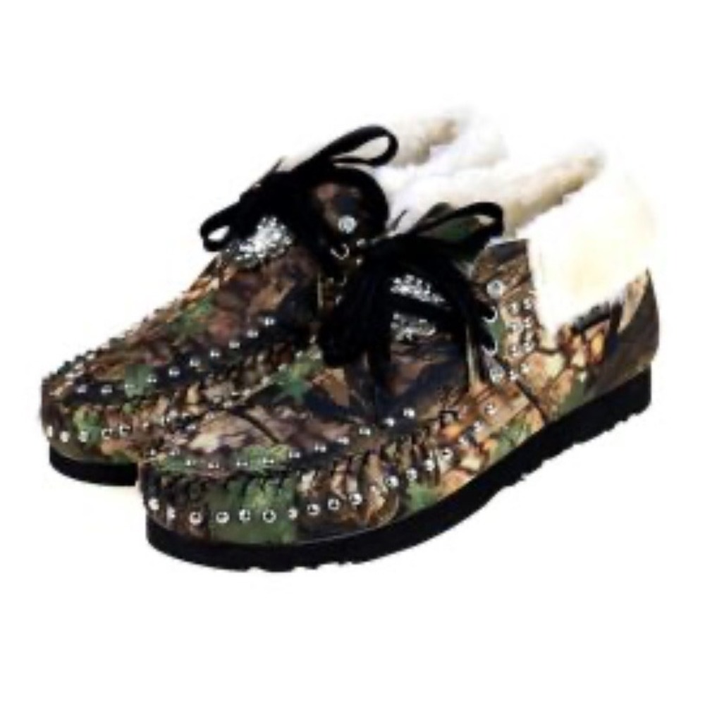 Montana West Moccasin Slippers Women 8 Camo NWT Rhinestone Studded Faux Fur